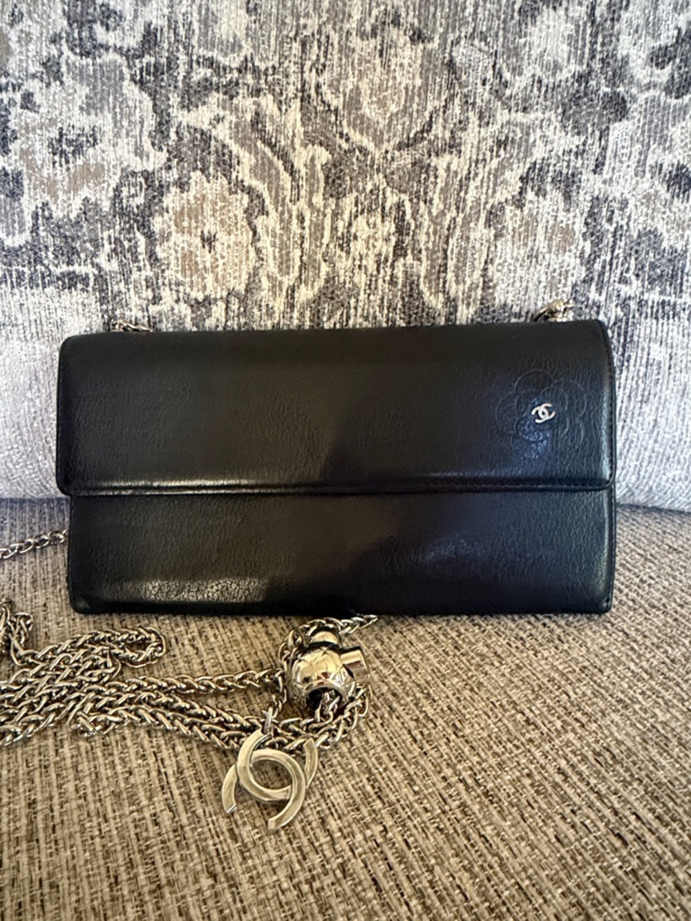 CHANEL Black Leather Flap Wallet with Silver Chain and CC Charm